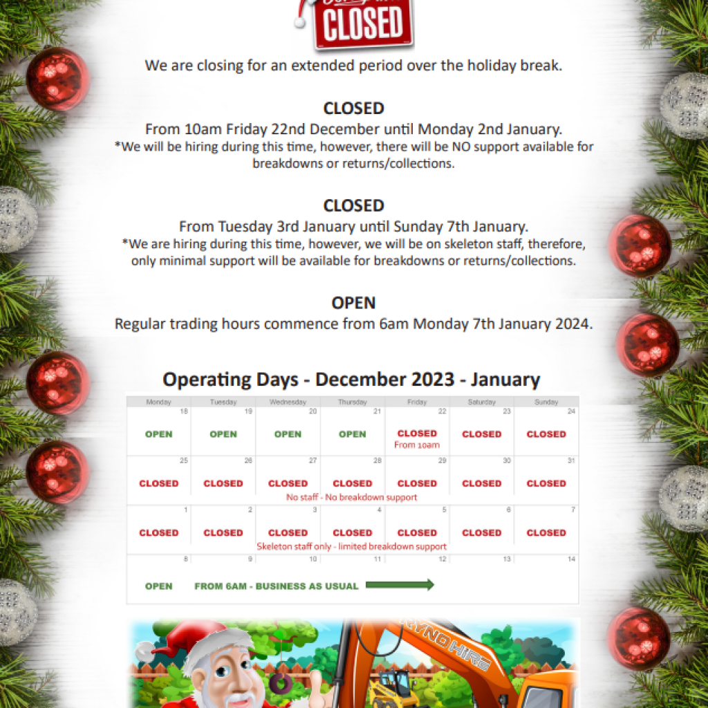 Ryno Hire End of year trading hours